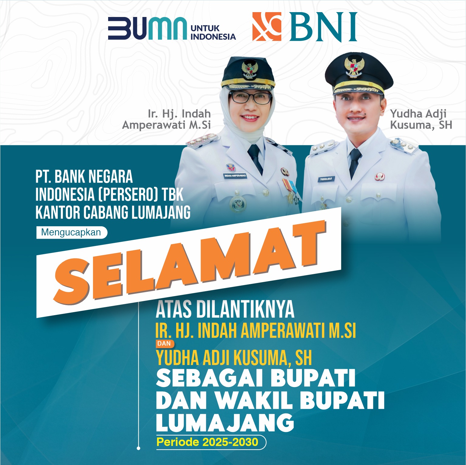 Selamat & Sukses atas dilantiknya Bupati dan Wakil Bupati Lumajang Periode 2025-2030 oleh BNI Kantor Cabang Lumajang